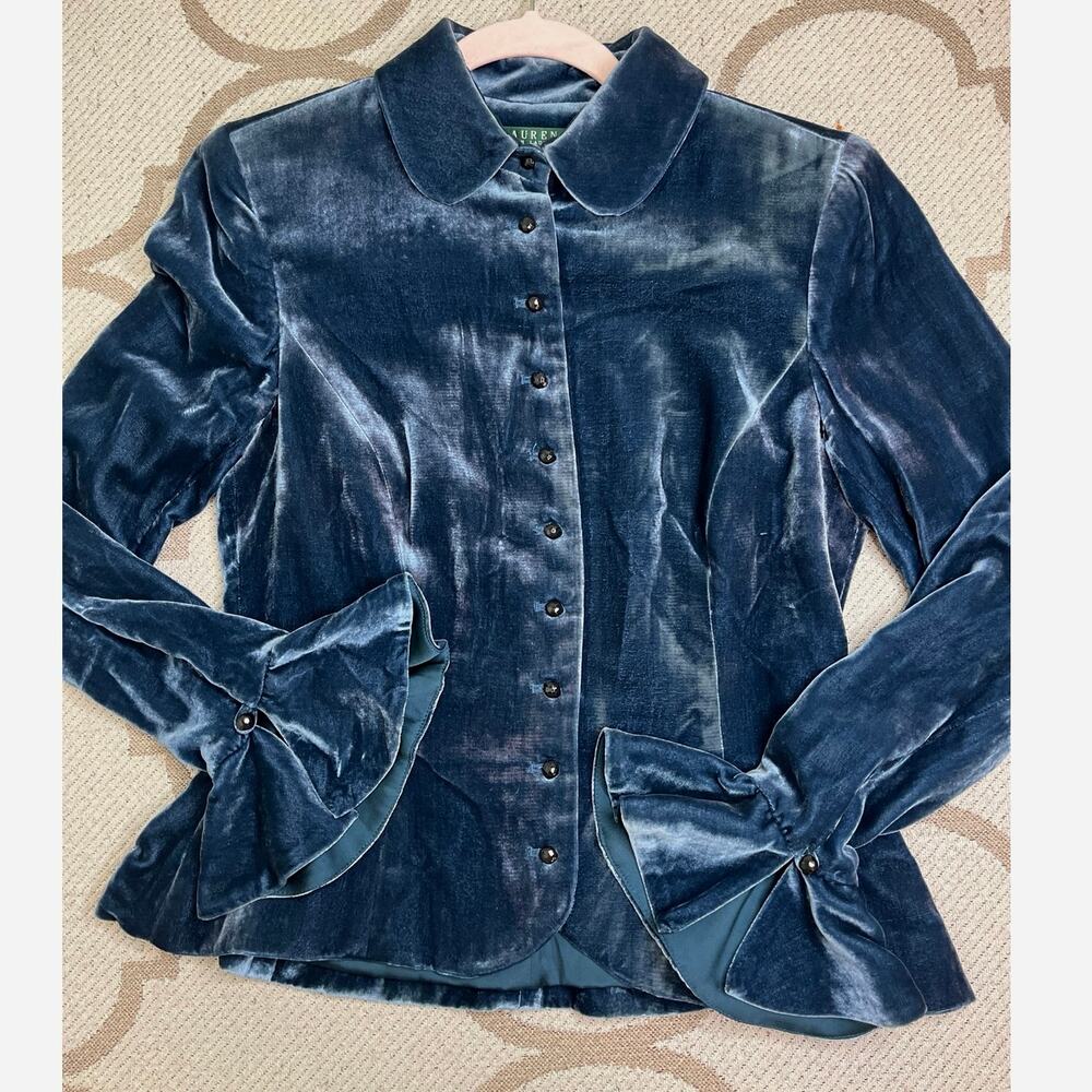 Vintage Lauren Ralph Lauren Velvet Jacket Rounded Collar Bell Cuff Silk Size 2